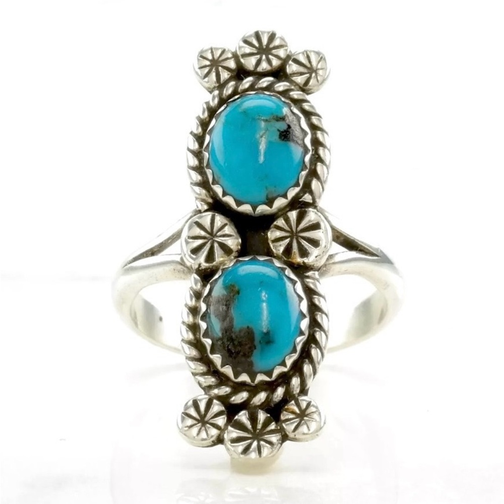 Signed - Verna Blackgoat Navajo. Old Pawn Sterling Silver Bisbee Turquoise Ring - Picture 2 of 10
